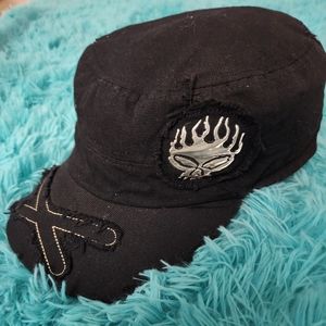 Black military style Distressed look hat Black side flame skeleton